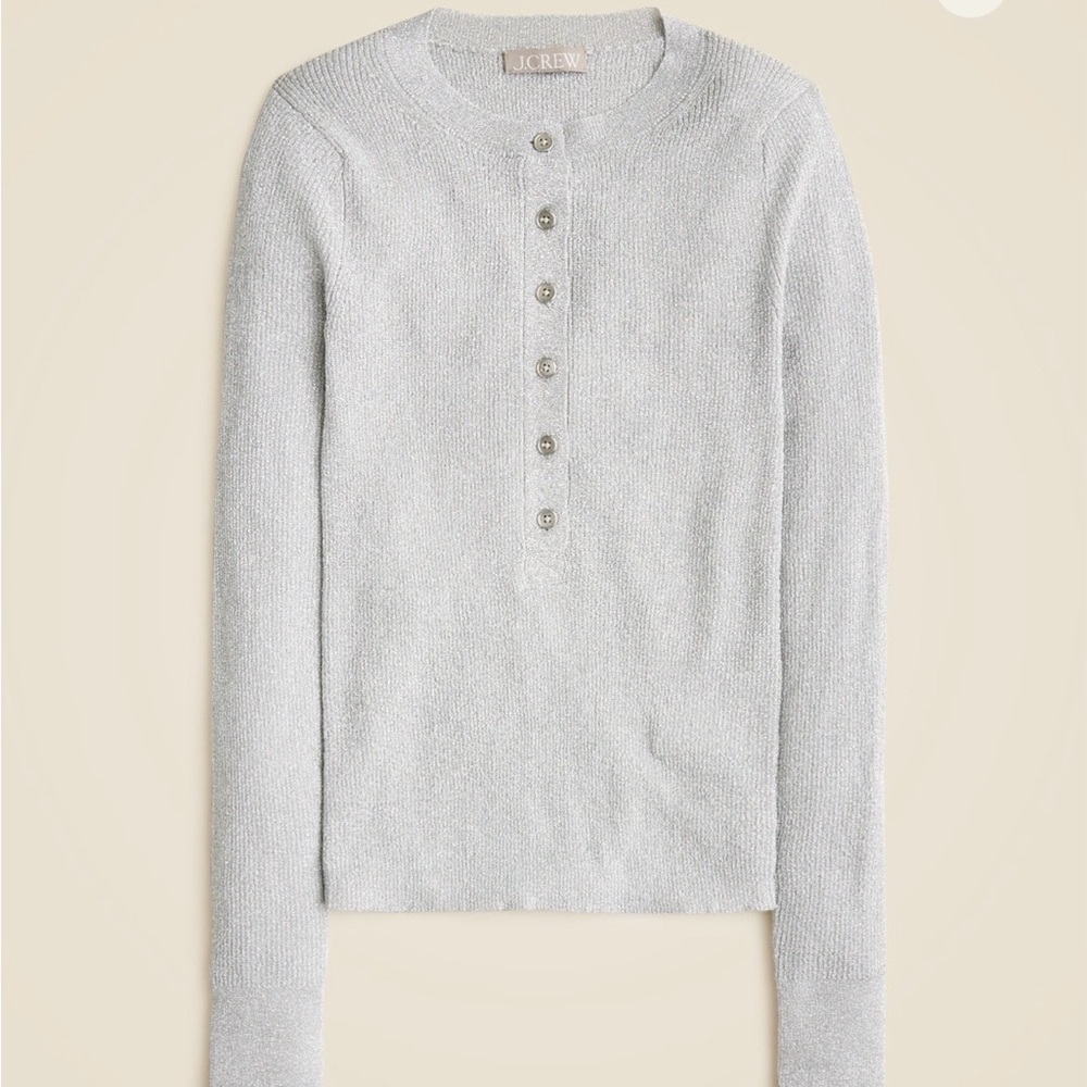 NWT Fall 2025 J.Crew Ribbed Henley Sweater with Lurex Metallic Silver
